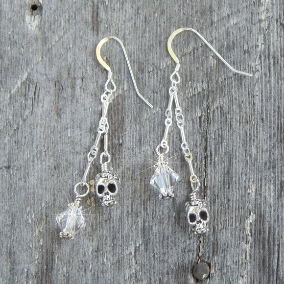 Sugar Skull Earrings with Swarovski Crystals (Clear) - Handmade in "USA" - Picture 2 of 3